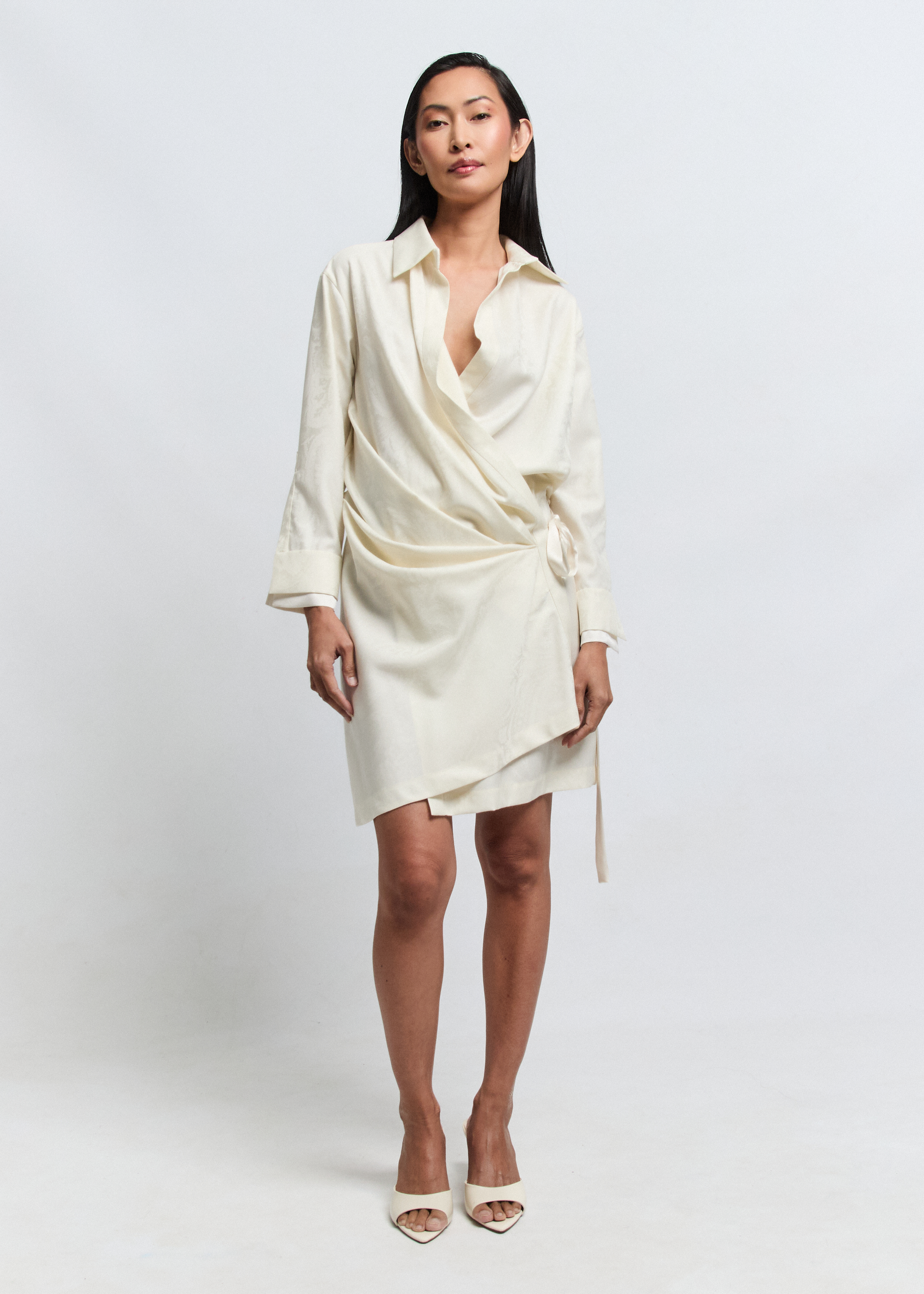 · JULIA wool silk jacquard wrap dress with draped front panel — Pohjanheimo · JULIA dress stand collar and shirt sleeve cuff detail — Pohjanheimo atelier · JULIA short wrap dress with tie fastening — Pohjanheimo Tallinn womenswear
