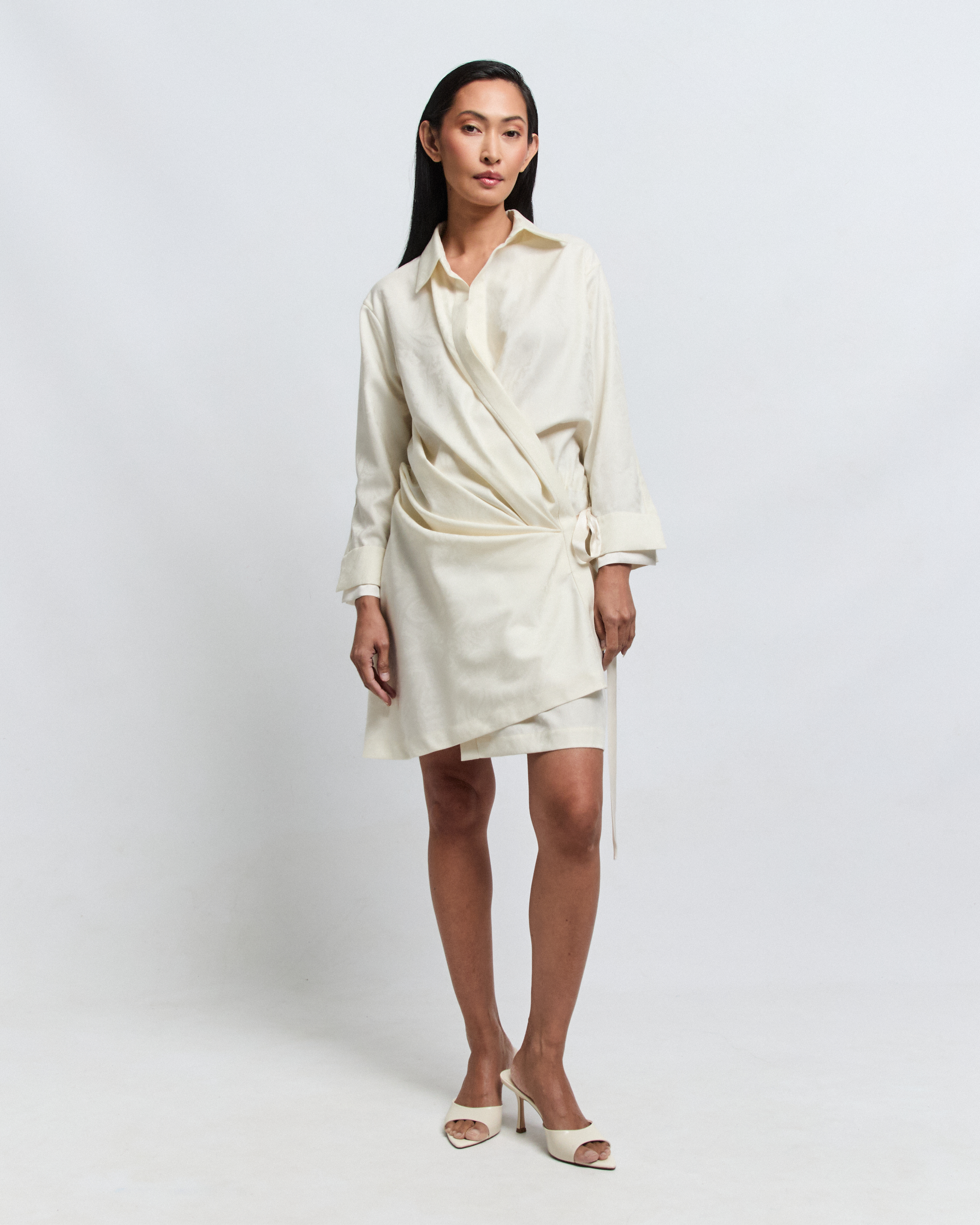 · JULIA wool silk jacquard wrap dress with draped front panel — Pohjanheimo · JULIA dress stand collar and shirt sleeve cuff detail — Pohjanheimo atelier · JULIA short wrap dress with tie fastening — Pohjanheimo Tallinn womenswear