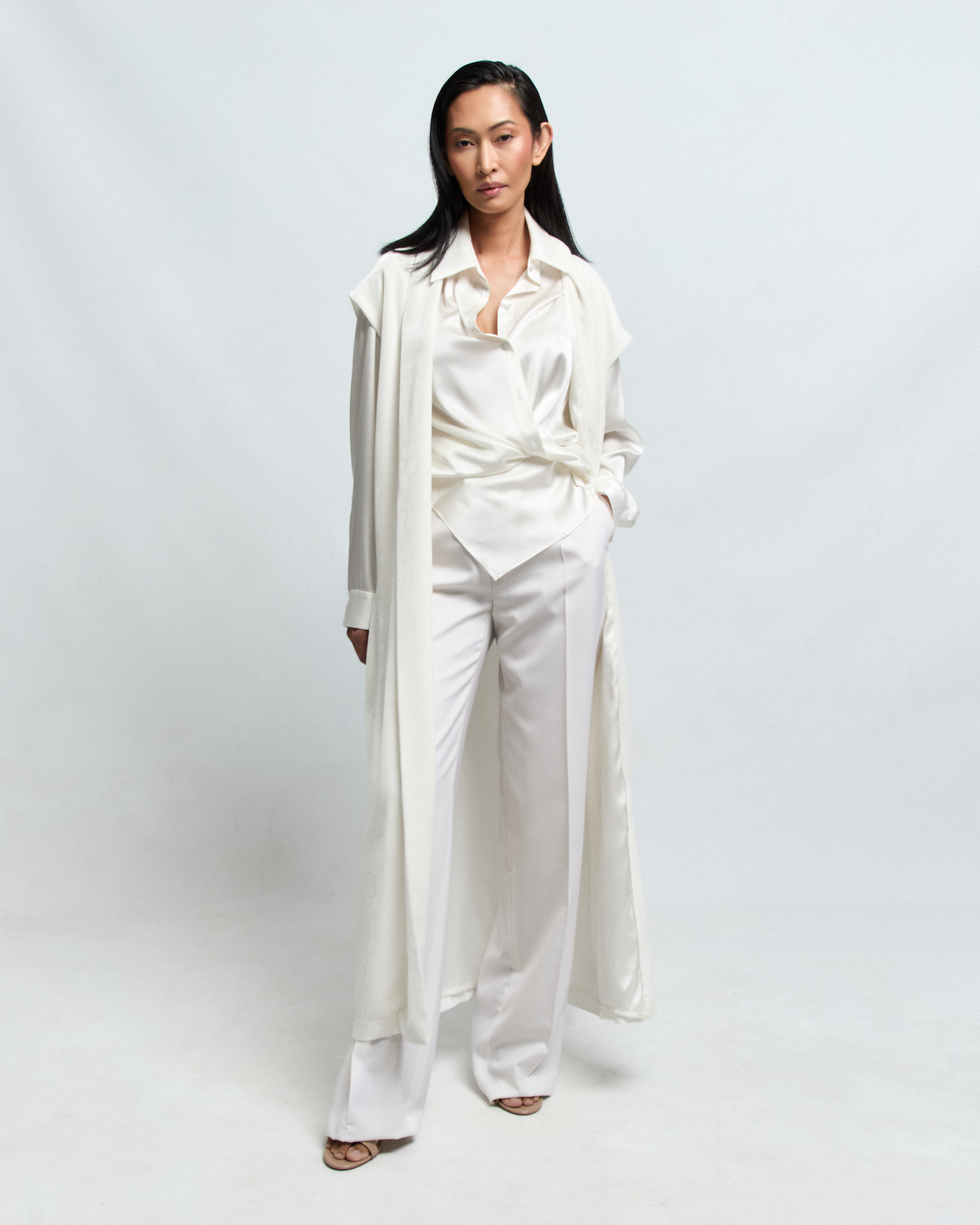 · MIINA long silk velvet vest with shawl collar — Pohjanheimo atelier Tallinn · MIINA vest silk satin lining detail — Pohjanheimo · MIINA velvet vest straight silhouette — Pohjanheimo luxury womenswear