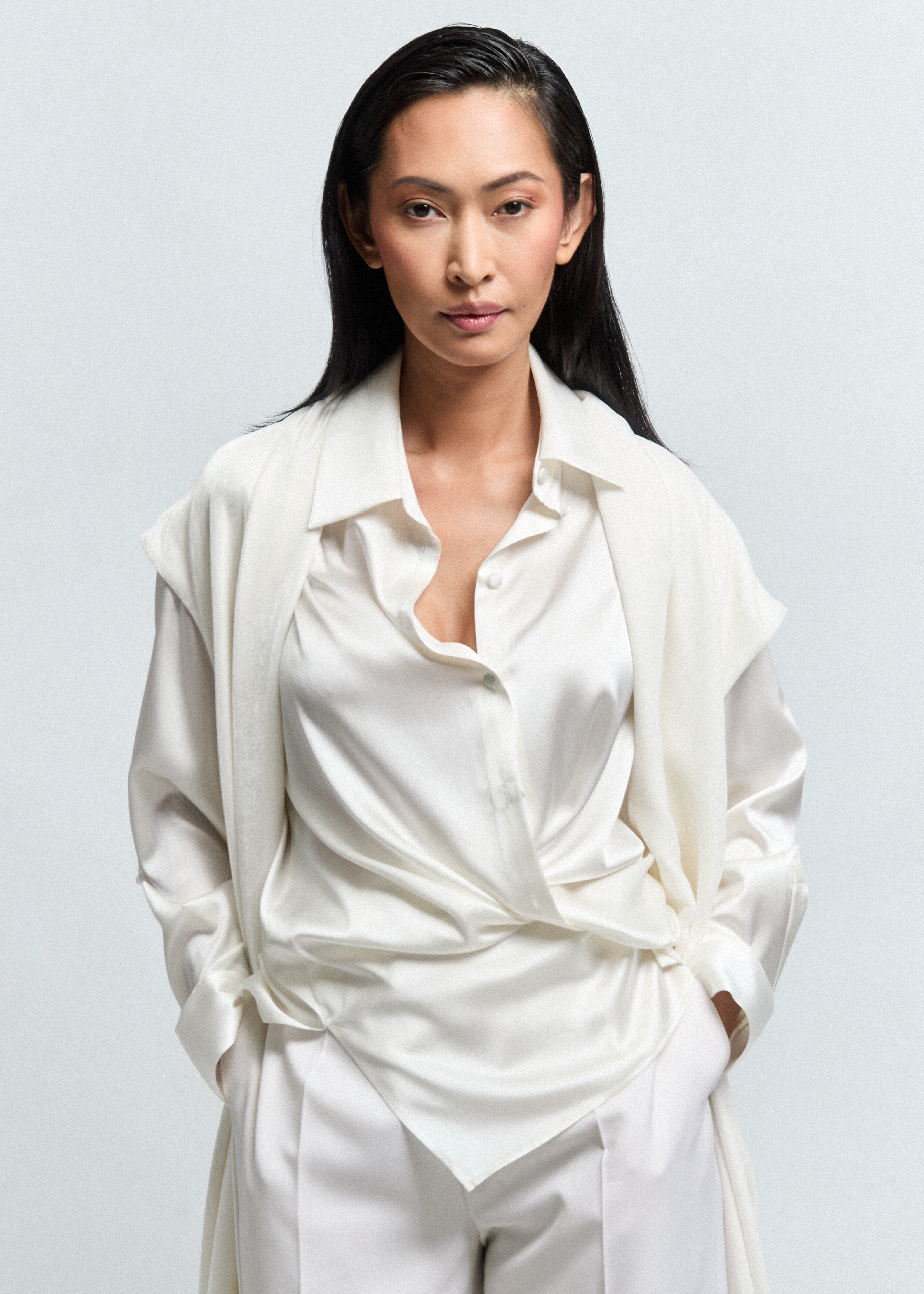 · MIINA long silk velvet vest with shawl collar — Pohjanheimo atelier Tallinn · MIINA vest silk satin lining detail — Pohjanheimo · MIINA velvet vest straight silhouette — Pohjanheimo luxury womenswear